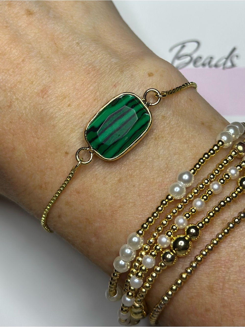 BramFam Beads 14k gold Malachite Gemstone Adjustable bracelet